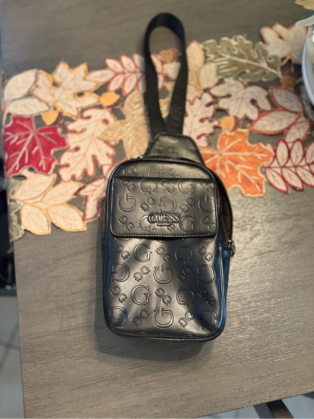 GUESS Black Embossed Logo Sling Bag for Men